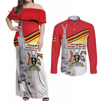 Personalized Uganda Independence Day Couples Matching Off Shoulder Maxi Dress and Long Sleeve Button Shirt Independence Monument - Coat Of Arms - Wonder Print Shop