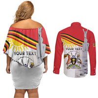 Personalized Uganda Independence Day Couples Matching Off Shoulder Short Dress and Long Sleeve Button Shirt Independence Monument - Coat Of Arms - Wonder Print Shop