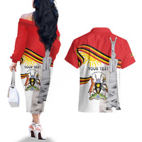 Personalized Uganda Independence Day Couples Matching Off The Shoulder Long Sleeve Dress and Hawaiian Shirt Independence Monument - Coat Of Arms - Wonder Print Shop