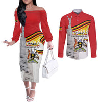 Personalized Uganda Independence Day Couples Matching Off The Shoulder Long Sleeve Dress and Long Sleeve Button Shirt Independence Monument - Coat Of Arms - Wonder Print Shop