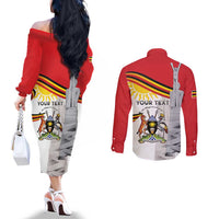 Personalized Uganda Independence Day Couples Matching Off The Shoulder Long Sleeve Dress and Long Sleeve Button Shirt Independence Monument - Coat Of Arms - Wonder Print Shop