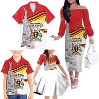 Personalized Uganda Independence Day Family Matching Off The Shoulder Long Sleeve Dress and Hawaiian Shirt Independence Monument - Coat Of Arms - Wonder Print Shop
