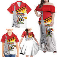 Personalized Uganda Independence Day Family Matching Off Shoulder Maxi Dress and Hawaiian Shirt Independence Monument - Coat Of Arms - Wonder Print Shop