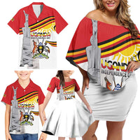 Personalized Uganda Independence Day Family Matching Off Shoulder Short Dress and Hawaiian Shirt Independence Monument - Coat Of Arms - Wonder Print Shop