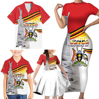 Personalized Uganda Independence Day Family Matching Short Sleeve Bodycon Dress and Hawaiian Shirt Independence Monument - Coat Of Arms - Wonder Print Shop
