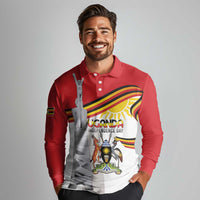 Personalized Uganda Independence Day Long Sleeve Polo Shirt Independence Monument - Coat Of Arms - Wonder Print Shop