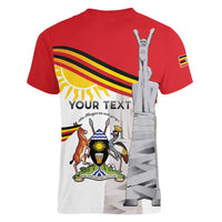 Personalized Uganda Independence Day Women V-Neck T-Shirt Independence Monument - Coat Of Arms - Wonder Print Shop