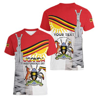 Personalized Uganda Independence Day Women V-Neck T-Shirt Independence Monument - Coat Of Arms - Wonder Print Shop