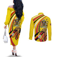 Uganda Couples Matching Off The Shoulder Long Sleeve Dress and Long Sleeve Button Shirt 63rd Anniversary Of Independence - Wonder Print Shop
