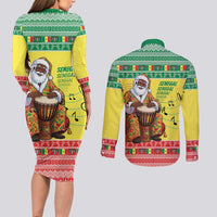 Senegal Christmas Couples Matching Long Sleeve Bodycon Dress and Long Sleeve Button Shirt Black Santa Playing Djembe Drum - Wonder Print Shop