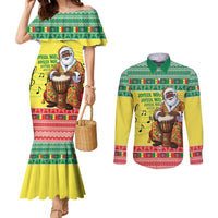 Senegal Christmas Couples Matching Mermaid Dress and Long Sleeve Button Shirt Black Santa Playing Djembe Drum - Wonder Print Shop