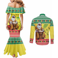 Senegal Christmas Couples Matching Mermaid Dress and Long Sleeve Button Shirt Black Santa Playing Djembe Drum - Wonder Print Shop