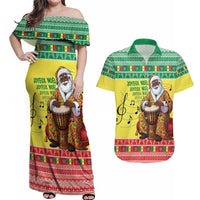 Senegal Christmas Couples Matching Off Shoulder Maxi Dress and Hawaiian Shirt Black Santa Playing Djembe Drum - Wonder Print Shop