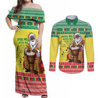 Senegal Christmas Couples Matching Off Shoulder Maxi Dress and Long Sleeve Button Shirt Black Santa Playing Djembe Drum - Wonder Print Shop