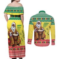 Senegal Christmas Couples Matching Off Shoulder Maxi Dress and Long Sleeve Button Shirt Black Santa Playing Djembe Drum - Wonder Print Shop