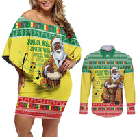 Senegal Christmas Couples Matching Off Shoulder Short Dress and Long Sleeve Button Shirt Black Santa Playing Djembe Drum - Wonder Print Shop