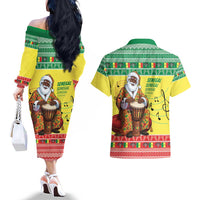 Senegal Christmas Couples Matching Off The Shoulder Long Sleeve Dress and Hawaiian Shirt Black Santa Playing Djembe Drum - Wonder Print Shop