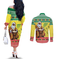 Senegal Christmas Couples Matching Off The Shoulder Long Sleeve Dress and Long Sleeve Button Shirt Black Santa Playing Djembe Drum - Wonder Print Shop