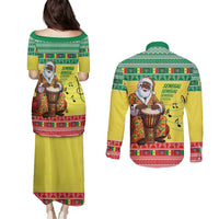 Senegal Christmas Couples Matching Puletasi and Long Sleeve Button Shirt Black Santa Playing Djembe Drum - Wonder Print Shop