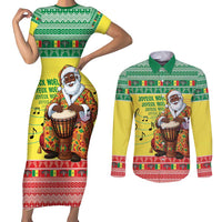 Senegal Christmas Couples Matching Short Sleeve Bodycon Dress and Long Sleeve Button Shirt Black Santa Playing Djembe Drum - Wonder Print Shop
