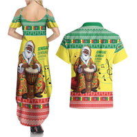 Senegal Christmas Couples Matching Summer Maxi Dress and Hawaiian Shirt Black Santa Playing Djembe Drum - Wonder Print Shop