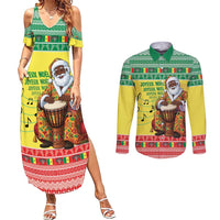 Senegal Christmas Couples Matching Summer Maxi Dress and Long Sleeve Button Shirt Black Santa Playing Djembe Drum - Wonder Print Shop
