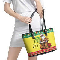 Senegal Christmas Leather Tote Bag Black Santa Playing Djembe Drum - Wonder Print Shop