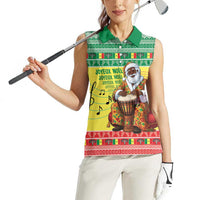 Senegal Christmas Women Sleeveless Polo Shirt Black Santa Playing Djembe Drum - Wonder Print Shop