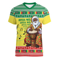 Senegal Christmas Women V-Neck T-Shirt Black Santa Playing Djembe Drum - Wonder Print Shop