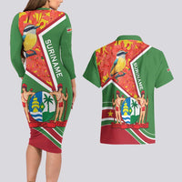 Suriname Independence Day Couples Matching Long Sleeve Bodycon Dress and Hawaiian Shirt Coat Of Arms With Lesser Kiskadee - Wonder Print Shop
