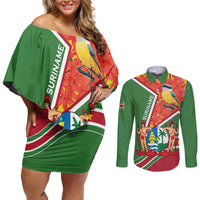 Suriname Independence Day Couples Matching Off Shoulder Short Dress and Long Sleeve Button Shirt Coat Of Arms With Lesser Kiskadee - Wonder Print Shop