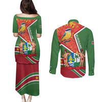 Suriname Independence Day Couples Matching Puletasi and Long Sleeve Button Shirt Coat Of Arms With Lesser Kiskadee - Wonder Print Shop