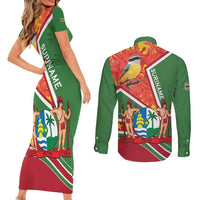 Suriname Independence Day Couples Matching Short Sleeve Bodycon Dress and Long Sleeve Button Shirt Coat Of Arms With Lesser Kiskadee - Wonder Print Shop