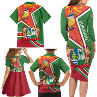 Suriname Independence Day Family Matching Long Sleeve Bodycon Dress and Hawaiian Shirt Coat Of Arms With Lesser Kiskadee - Wonder Print Shop