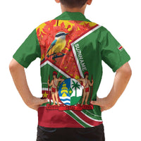 Suriname Independence Day Family Matching Off The Shoulder Long Sleeve Dress and Hawaiian Shirt Coat Of Arms With Lesser Kiskadee - Wonder Print Shop