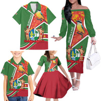 Suriname Independence Day Family Matching Off The Shoulder Long Sleeve Dress and Hawaiian Shirt Coat Of Arms With Lesser Kiskadee - Wonder Print Shop
