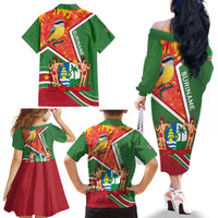 Suriname Independence Day Family Matching Off The Shoulder Long Sleeve Dress and Hawaiian Shirt Coat Of Arms With Lesser Kiskadee - Wonder Print Shop