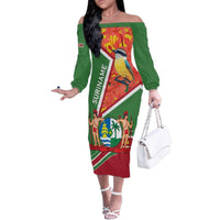 Suriname Independence Day Family Matching Off The Shoulder Long Sleeve Dress and Hawaiian Shirt Coat Of Arms With Lesser Kiskadee - Wonder Print Shop