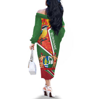 Suriname Independence Day Family Matching Off The Shoulder Long Sleeve Dress and Hawaiian Shirt Coat Of Arms With Lesser Kiskadee - Wonder Print Shop