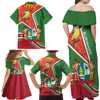 Suriname Independence Day Family Matching Off Shoulder Maxi Dress and Hawaiian Shirt Coat Of Arms With Lesser Kiskadee - Wonder Print Shop