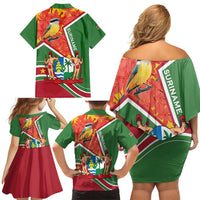 Suriname Independence Day Family Matching Off Shoulder Short Dress and Hawaiian Shirt Coat Of Arms With Lesser Kiskadee - Wonder Print Shop