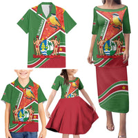 Suriname Independence Day Family Matching Puletasi and Hawaiian Shirt Coat Of Arms With Lesser Kiskadee - Wonder Print Shop