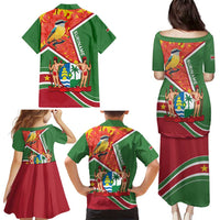 Suriname Independence Day Family Matching Puletasi and Hawaiian Shirt Coat Of Arms With Lesser Kiskadee - Wonder Print Shop