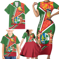 Suriname Independence Day Family Matching Short Sleeve Bodycon Dress and Hawaiian Shirt Coat Of Arms With Lesser Kiskadee - Wonder Print Shop