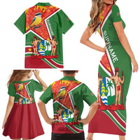 Suriname Independence Day Family Matching Short Sleeve Bodycon Dress and Hawaiian Shirt Coat Of Arms With Lesser Kiskadee - Wonder Print Shop