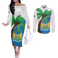 Personalised Sierra Leone Couples Matching Off The Shoulder Long Sleeve Dress and Long Sleeve Button Shirt Coat Of Arms With Flag Map
