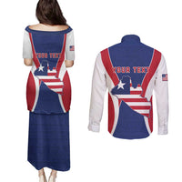 Personalised Liberia Couples Matching Puletasi and Long Sleeve Button Shirt Coat Of Arms With Flag Map
