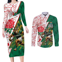 Personalized South Africa and England Rugby Couples Matching Long Sleeve Bodycon Dress and Long Sleeve Button Shirt Springboks Mascot With Red Rose
