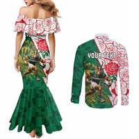 Personalized South Africa and England Rugby Couples Matching Mermaid Dress and Long Sleeve Button Shirt Springboks Mascot With Red Rose