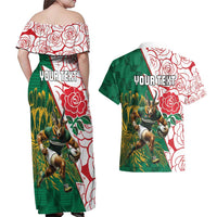 Personalized South Africa and England Rugby Couples Matching Off Shoulder Maxi Dress and Hawaiian Shirt Springboks Mascot With Red Rose